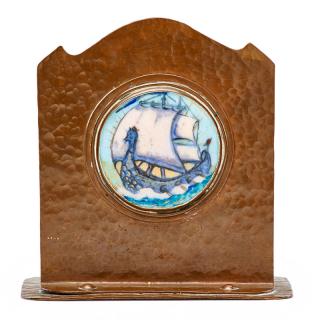 Appraisal: BOSTON SCHOOL Enameled copper bookend BOSTON SCHOOLBookend with Viking ship