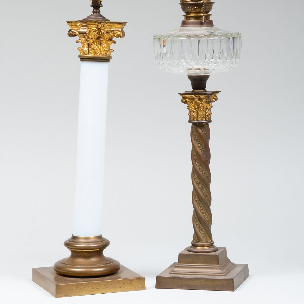 Appraisal: Gilt-Metal-Mounted Opaline Glass Columnar Lamp and a Gilt-Metal Columnar Table