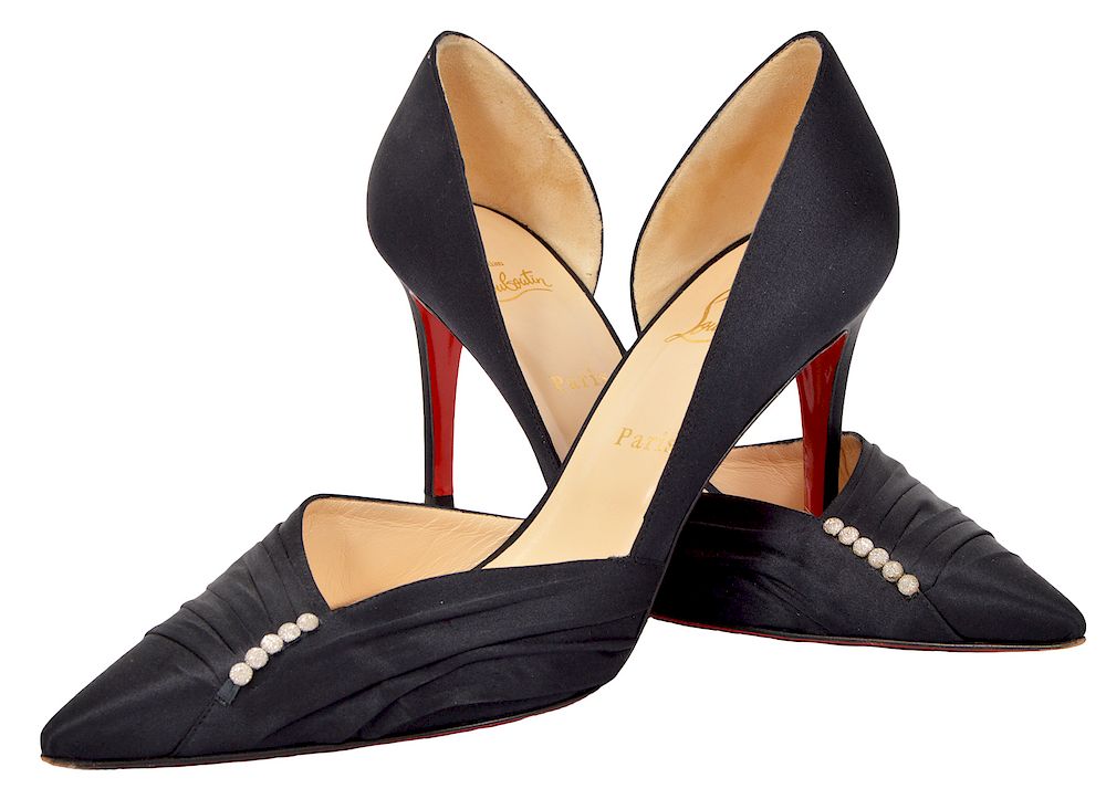 Appraisal: Christian Louboutin Satin Embellished Pumps Christian Louboutin black satin pumps