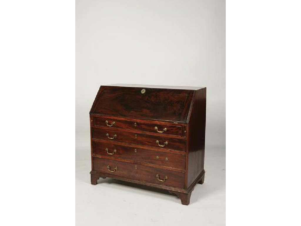 Appraisal: A GEORGE III MAHOGANY BUREAU the sloping fall enclosing a