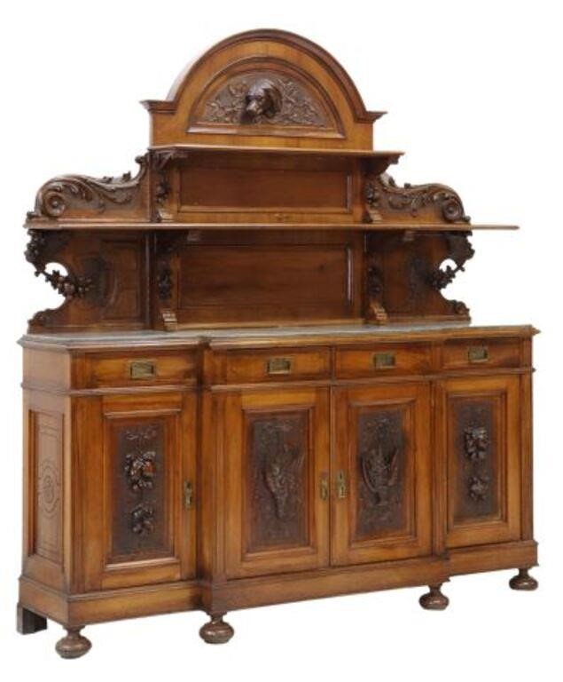 Appraisal: Italian carved walnut hunt sideboard th c having arched crest