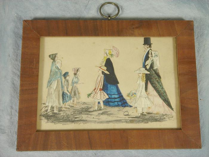 Appraisal: Pr watercolor silhouettes one depicting a wedding the other depicting