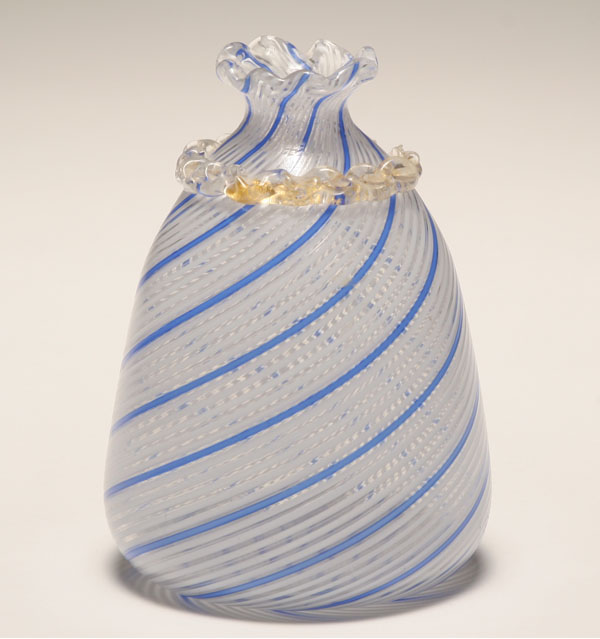 Appraisal: Mezza filigrana white and blue art glass vase Ruffled neck