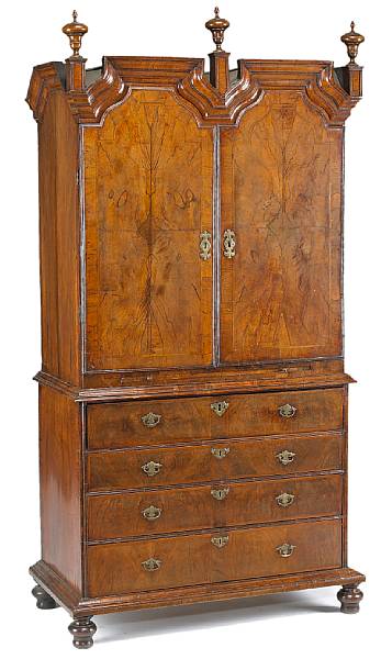 Appraisal: A William and Mary walnut and burl walnut secretary cabinet