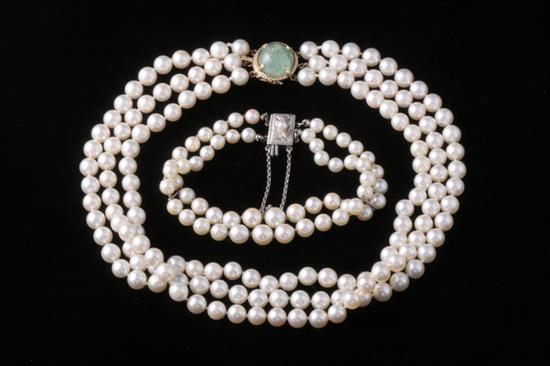 Appraisal: MATCHED CULTURED PEARL TRIPLE-STRAND CHOKER AND DOUBLE-STRAND BRACELET Choker of