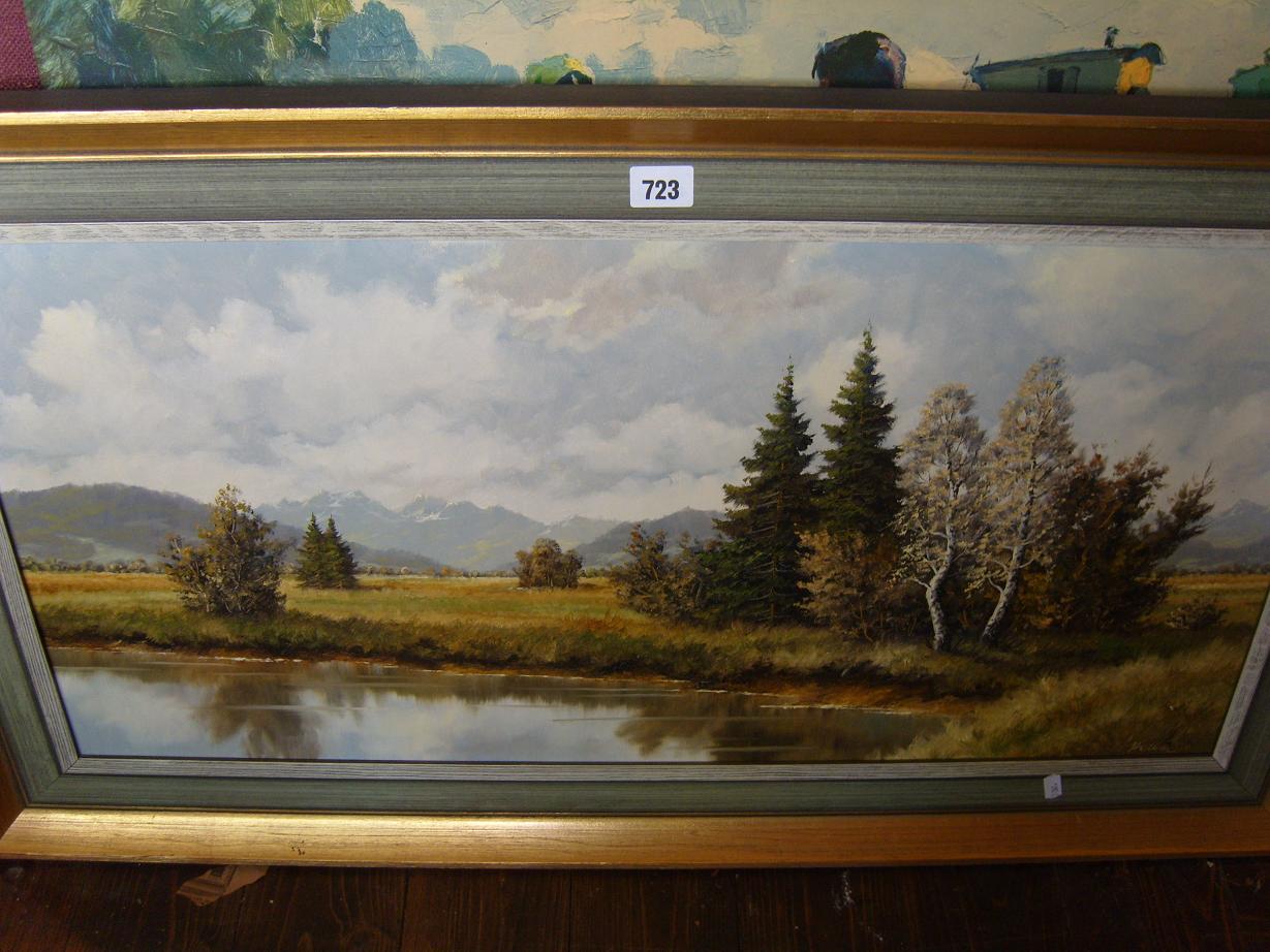 Appraisal: An oil painting on canvas of an extensive mountainous landscape