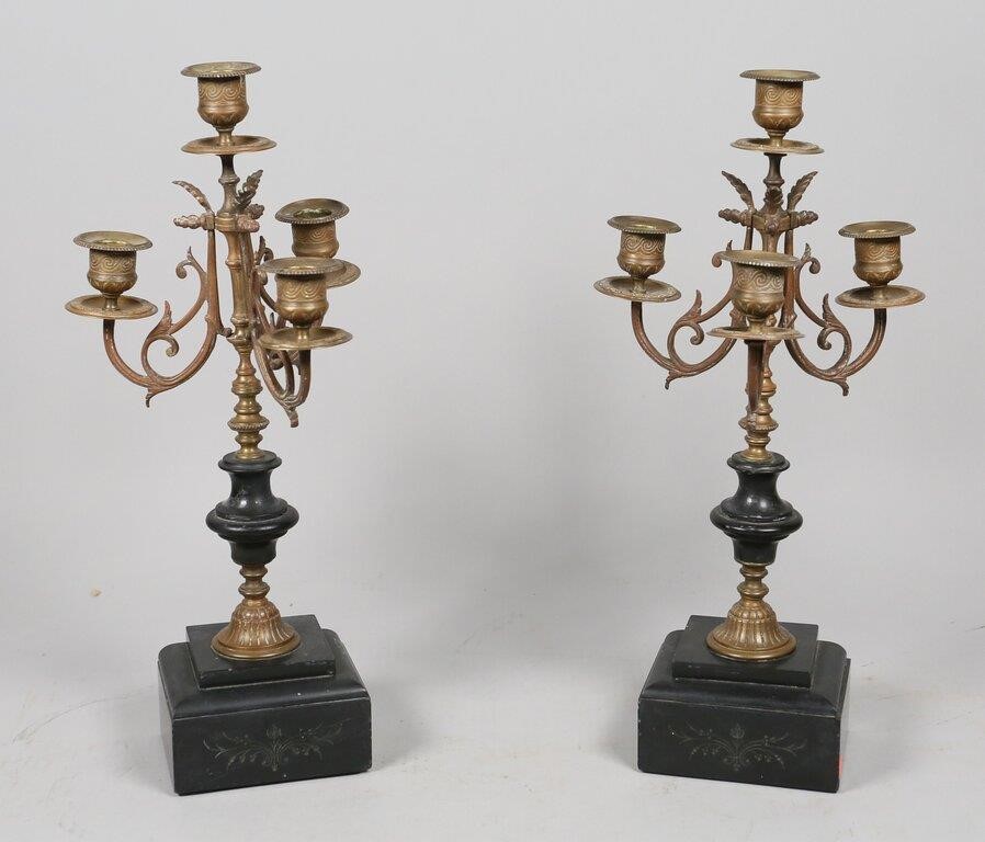 Appraisal: PAIR OF VICTORIAN BRASS AND MARBLE CANDELABRASPair of Victorian style