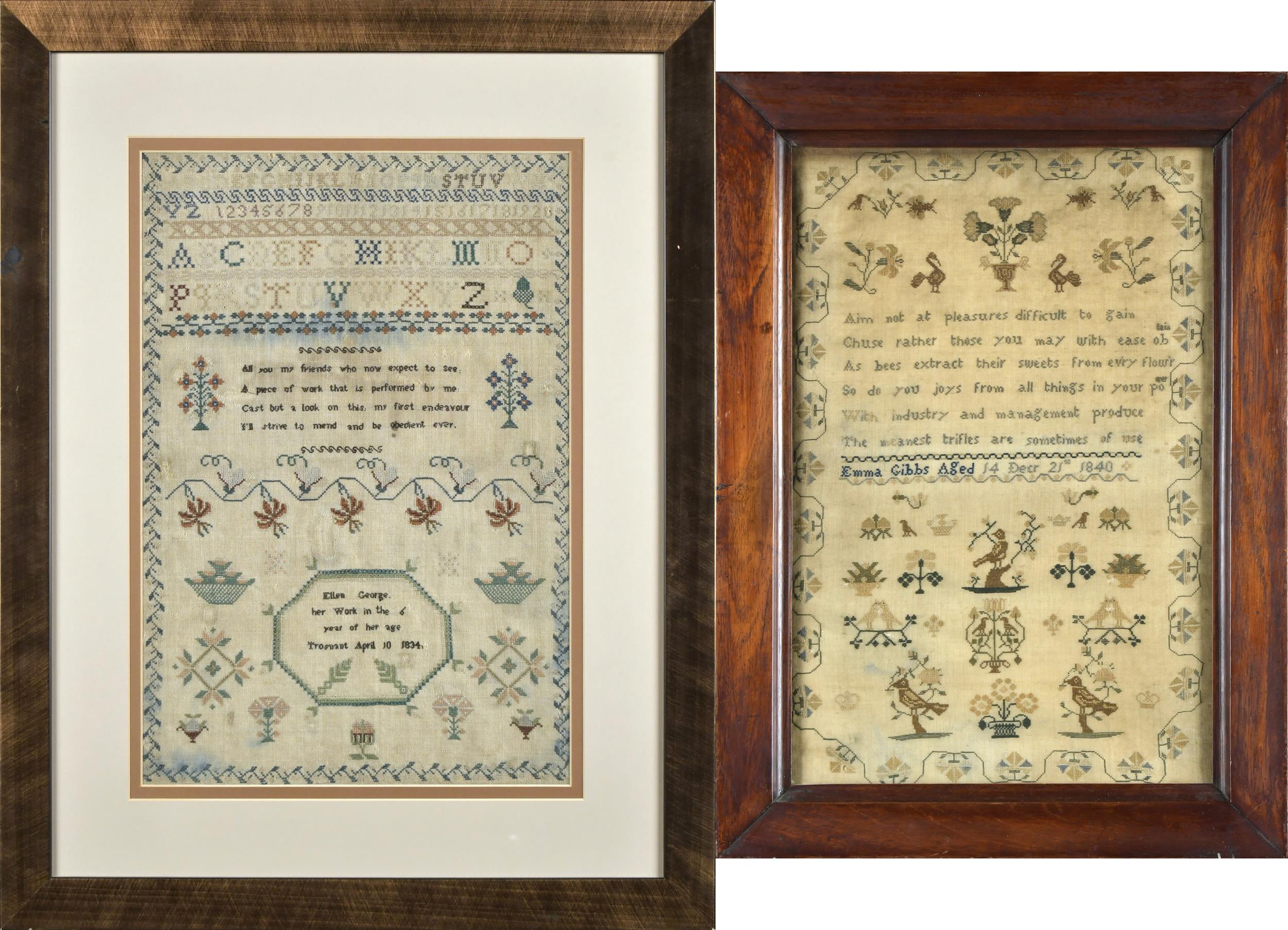 Appraisal: TWO TH C NEEDLEWORK SAMPLERS Work by Ellen George in