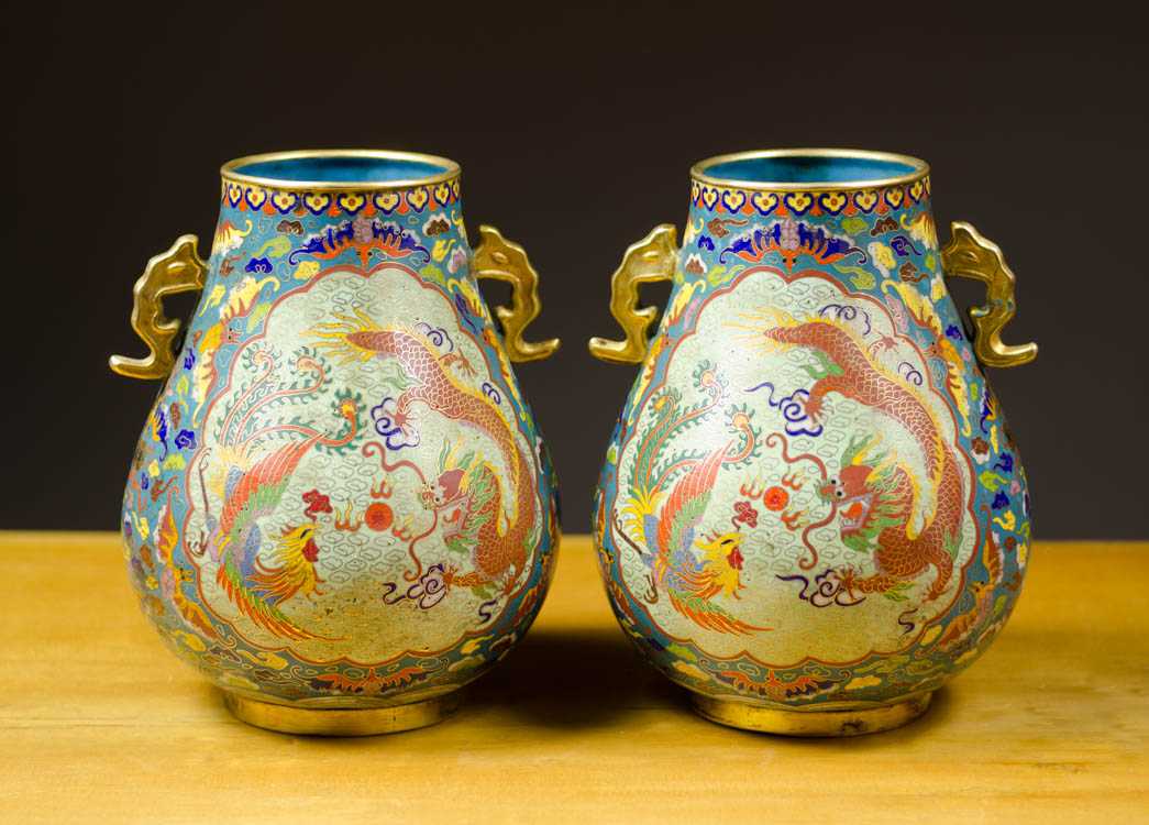 Appraisal: PAIR CHINESE CLOISONNE VASES pear form with gilt split handles