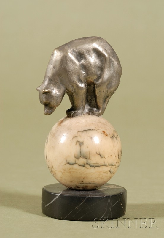 Appraisal: Art Deco Silvered Bronze and Fossilized Ivory Bear by Henri