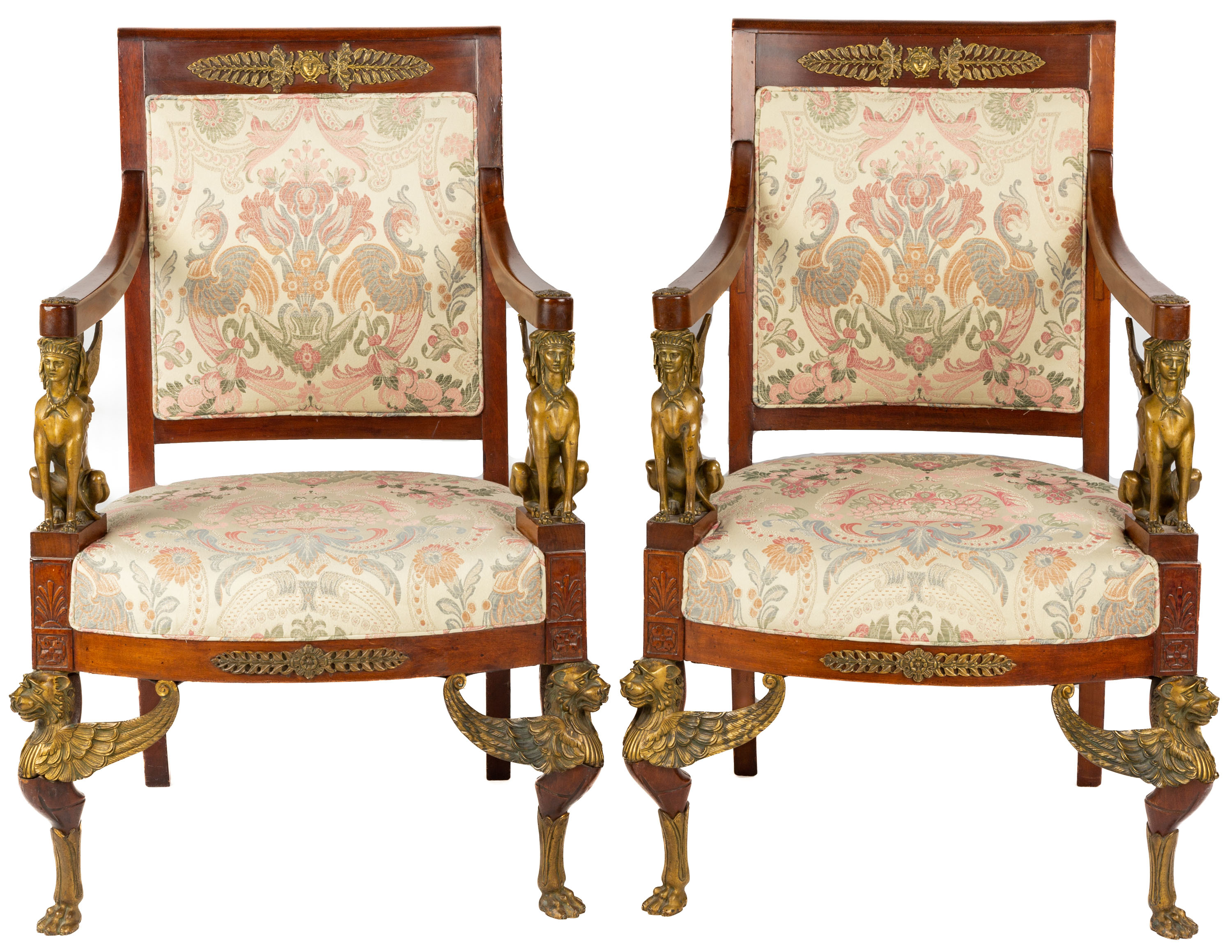 Appraisal: PAIR OF FRENCH EGYPTIAN REVIVAL ARM CHAIRS Early th century