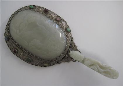 Appraisal: Chinese white jade and inset silver hand mirror th th