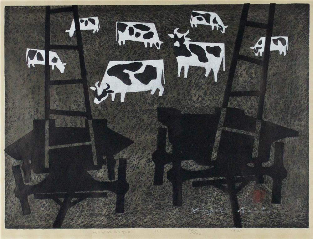 Appraisal: TWO PRINTS BY KIYOSHI SAITO the first depicting cows and