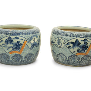 Appraisal: Pair of Chinese Blue and White Porcelain Jardinieres th Century