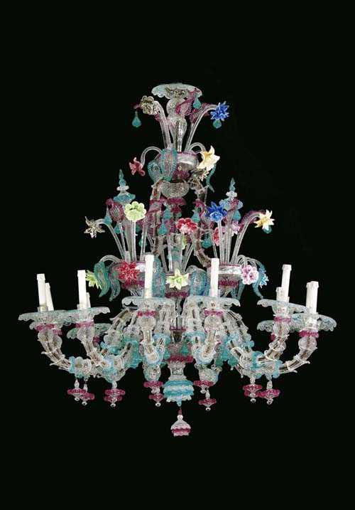 Appraisal: IMPORTANT ROCOCO STYLE CHANDELIER Murano th century Coloured and colourless