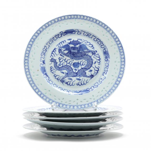 Appraisal: Five Chinese Blue and White Rice Eye Dragon Plates th