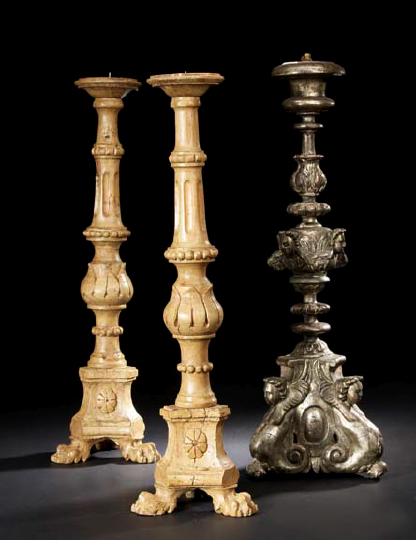 Appraisal: Tall Pair of Italian Turned and Carved Wooden Pricket Candlesticks