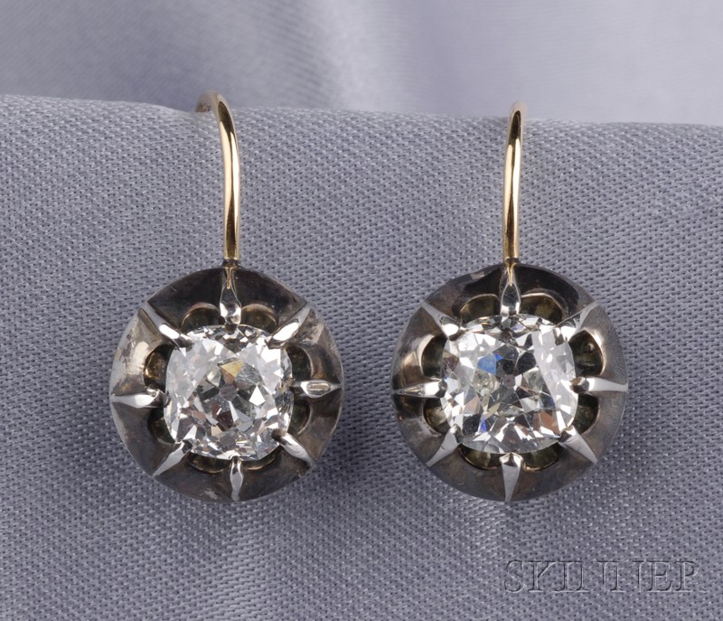 Appraisal: Antique Diamond Earpendants each prong-set with an old cushion-cut diamond