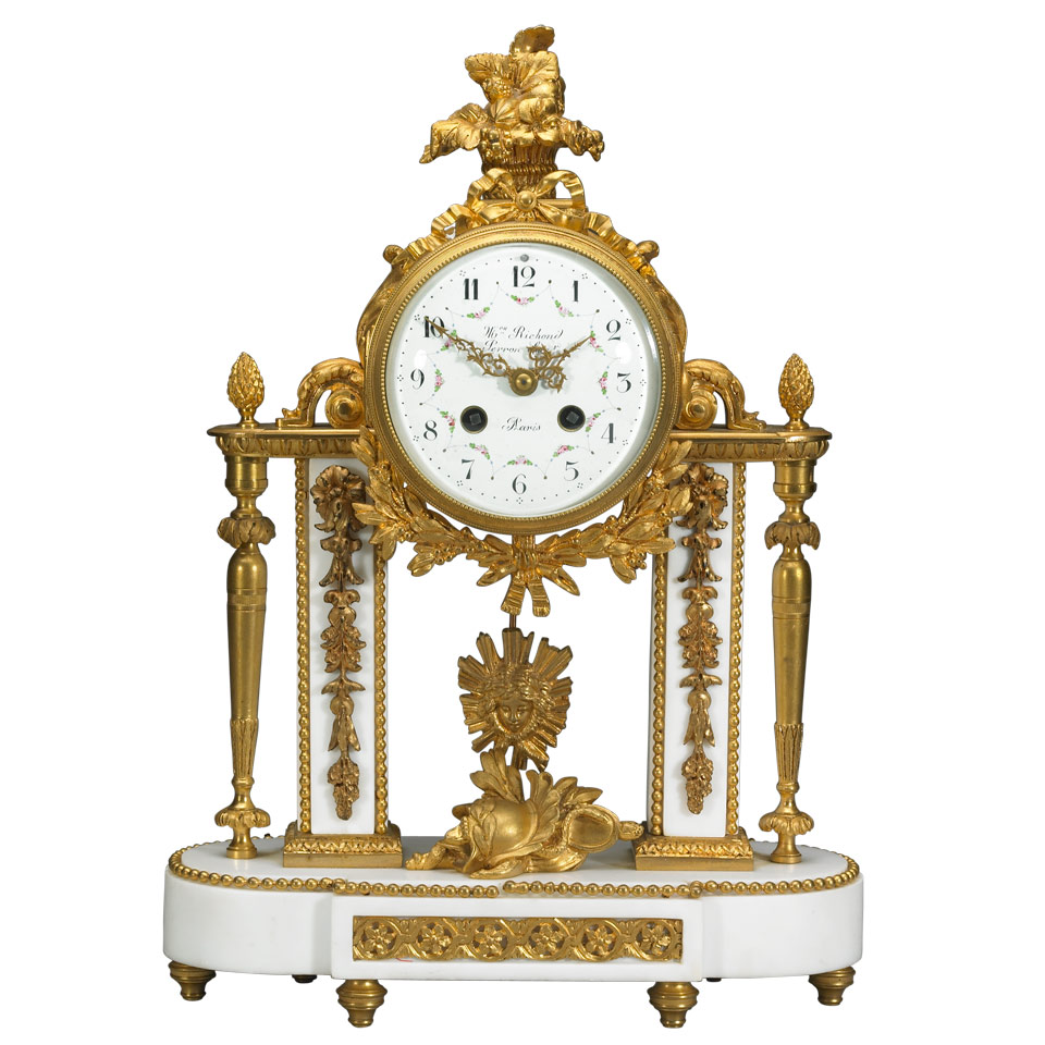 Appraisal: Louis XVI Style Ormolu Mounted White Marble Mantle Clock th