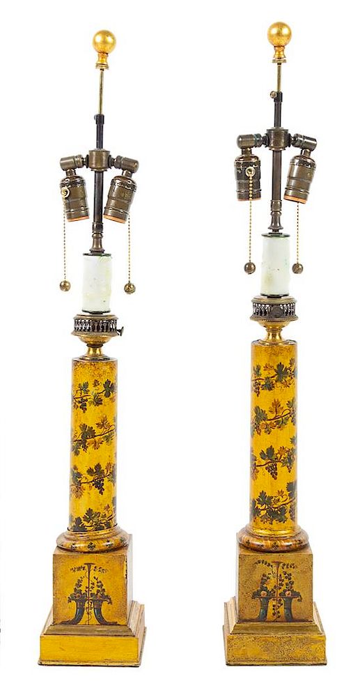 Appraisal: A Pair of Continental Painted Tole Lamps Height overall inches