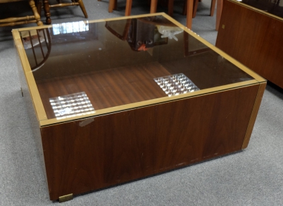 Appraisal: th Century Brass and wood glass topped coffee table marked