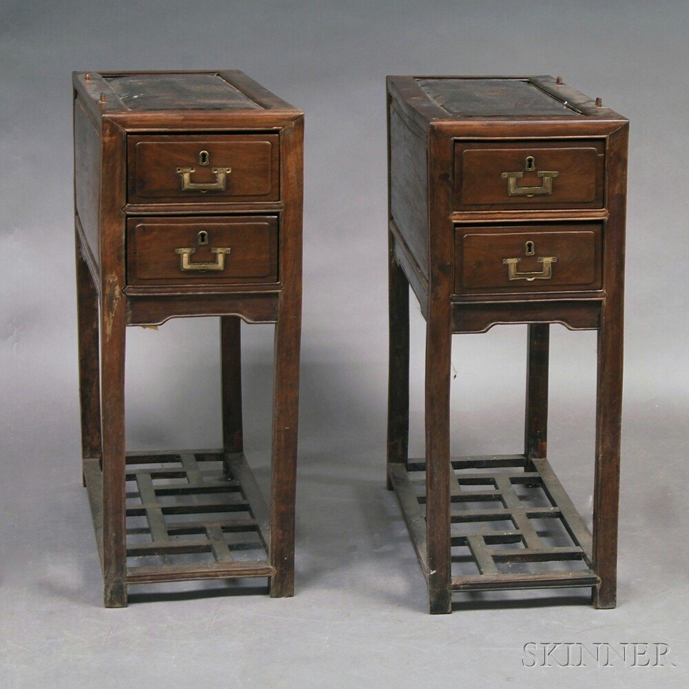 Appraisal: Pair of Pedestals China hardwood top chamfered panel framed one