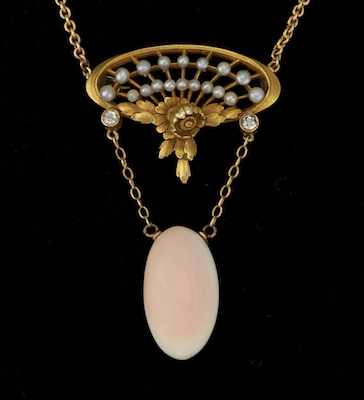 Appraisal: An Edwardian Coral Pearl and Diamond Brooch-Necklace k yellow gold