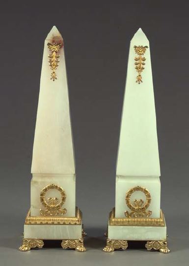 Appraisal: Large Pair of French Gilt-Brass-Mounted White Alabaster Obelisks in the