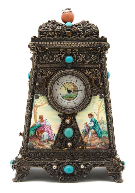 Appraisal: Continental Gemstone and Enamel Mounted Clock having silvered finish throughout