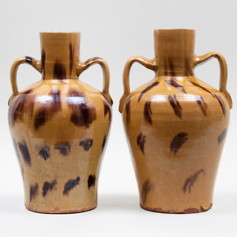 Appraisal: PAIR OF SPECKLE GLAZED EARTHENWARE VASES POSSIBLY ENGLISH Unmarked x