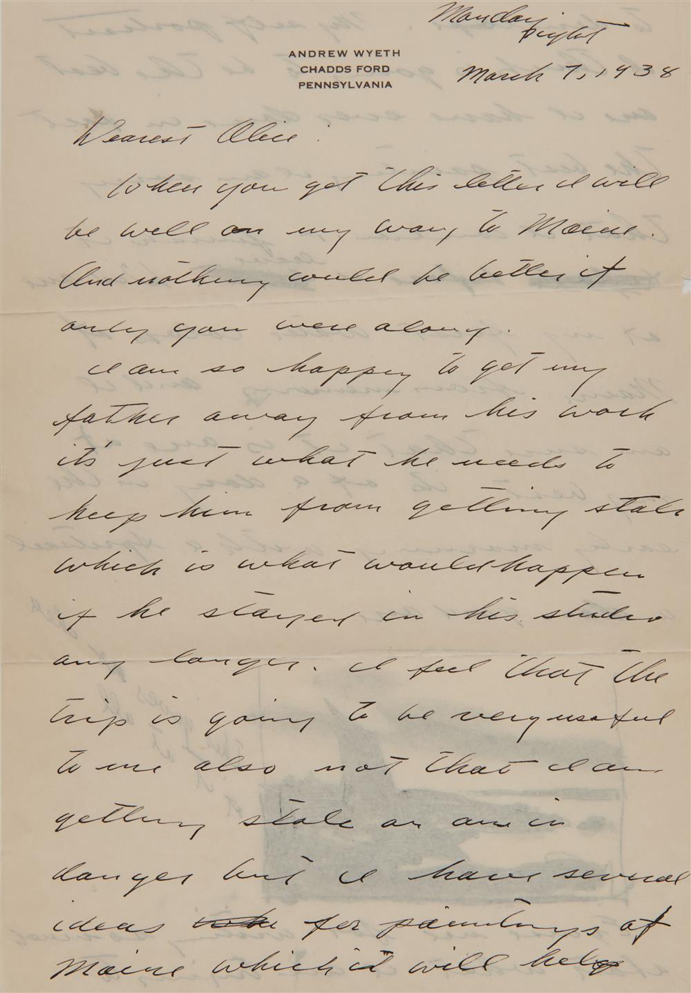 Appraisal: Letter from ANDREW WYETH American - to Alice Moore Monday