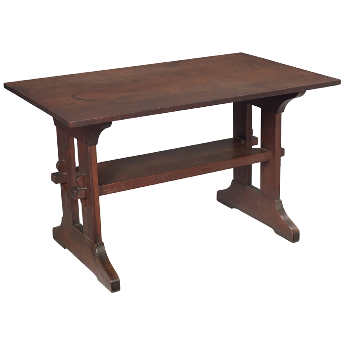 Appraisal: Gustav Stickley trestle table rectangular top over a thicklower shelf