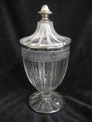 Appraisal: Hawkes Etched Crystal Covered Jar silver overlay trim '' signed