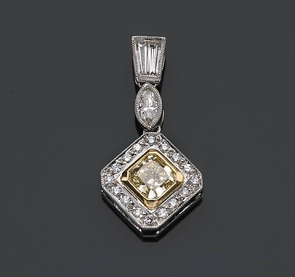 Appraisal: A fancy colored diamond and diamond pendant centering a rectangular