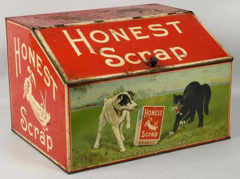 Appraisal: Honest Scrap Tobacco Bin Description Great image of cat fighting