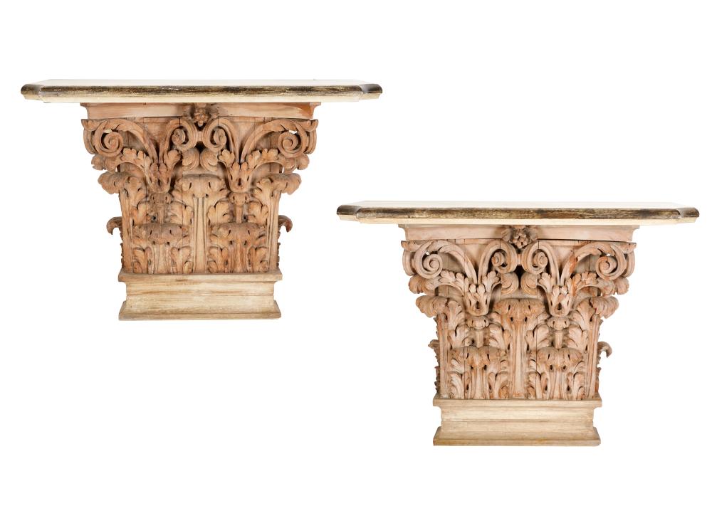 Appraisal: PAIR OF CARVED WOOD CONSOLE TABLESeach with shaped painted wood