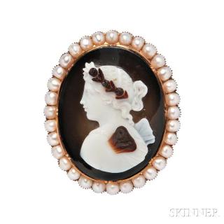 Appraisal: Antique Gold Hardstone Cameo and Split-pearl Brooch depicting Psyche framed