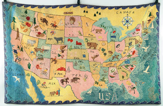 Appraisal: LARGE FOLK ART HOOKED RUG OF THE UNITED STATES The