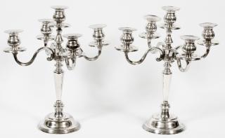 Appraisal: SILVERPLATE FIVE-LIGHT CANDELABRA PAIR H Width Five lights No apparent