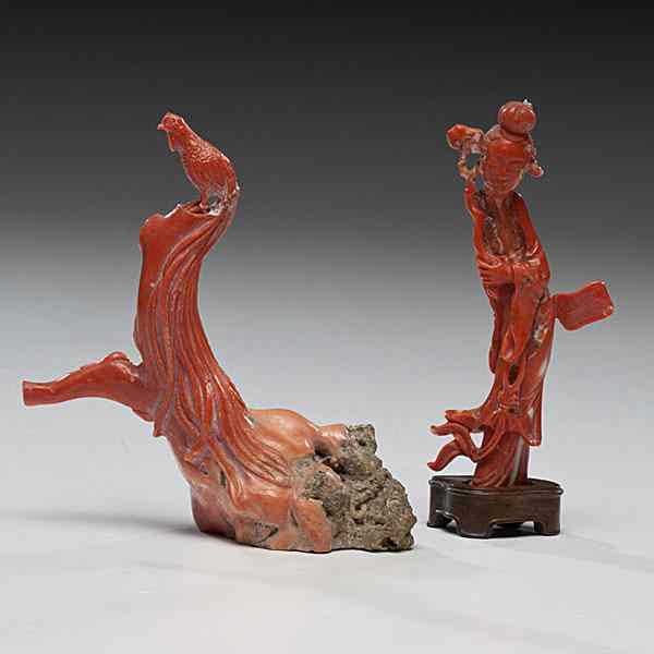 Appraisal: Chinese Coral Figures Chinese Two coral figures including a standing