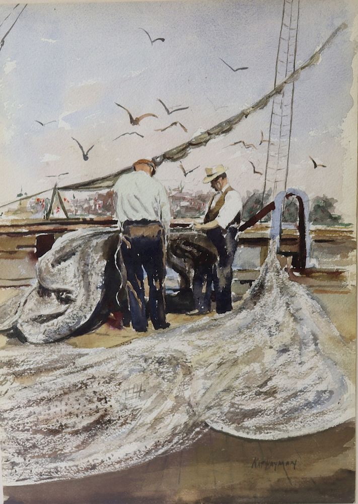 Appraisal: Nat Hayman Signed Watercolor Fishing Scene Signed lr rt and