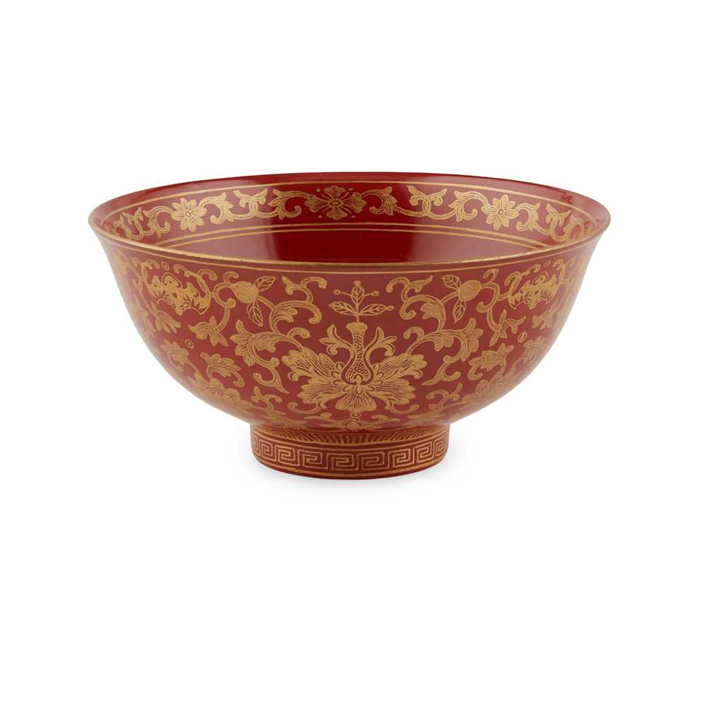 Appraisal: CORAL-RED-GROUND GILT-DECORATED 'LOTUS' BOWL DAOGUANG MARK TH CENTURY thinly potted