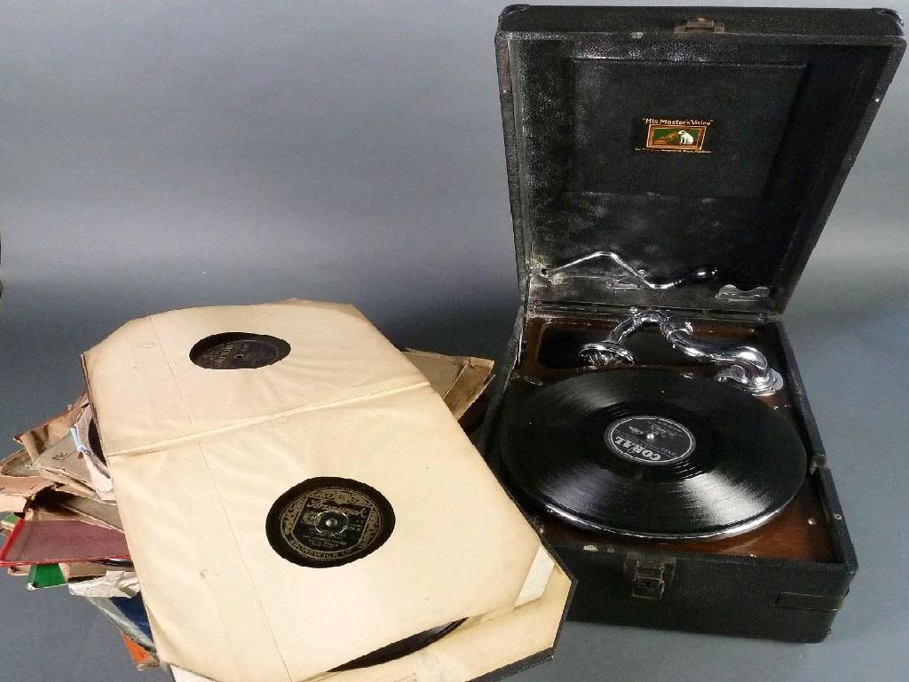 Appraisal: HMV SPRING DRIVEN TABLE TOP GRAMOPHONE in black fabric covered