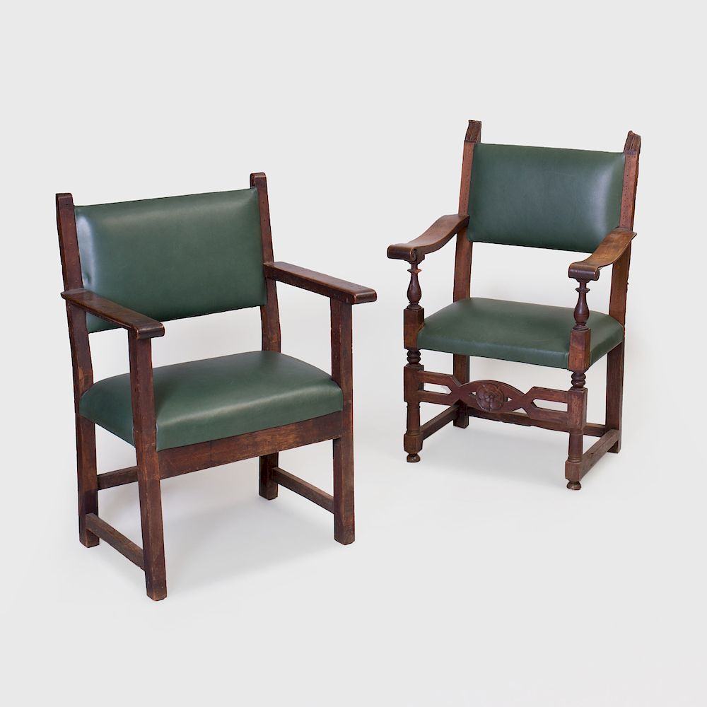 Appraisal: Two Italian Early Baroque Style Walnut Armchairs Composed of older