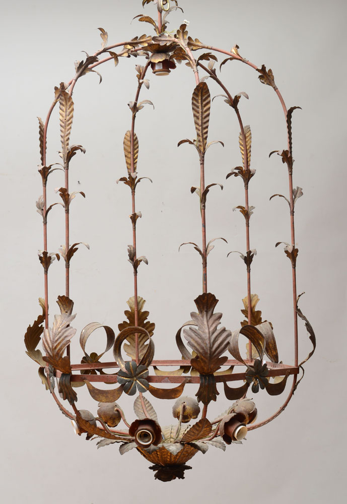 Appraisal: CONTINENTAL ROCOCO STYLE IRON AND T LE PEINT SIX-LIGHT CHANDELIER