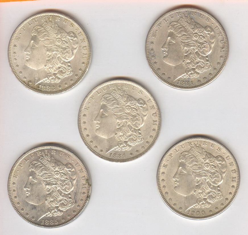 Appraisal: FIVE EXCELLENT MORGAN SILVER DOLLARS Estate coins - S -