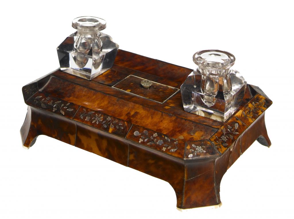 Appraisal: A VICTORIAN TORTOISESHELL INKSTAND inlaid in mother of pearl with