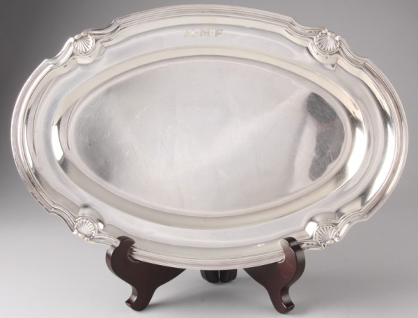 Appraisal: Monogrammed tray with shell motif at rim x marked Made