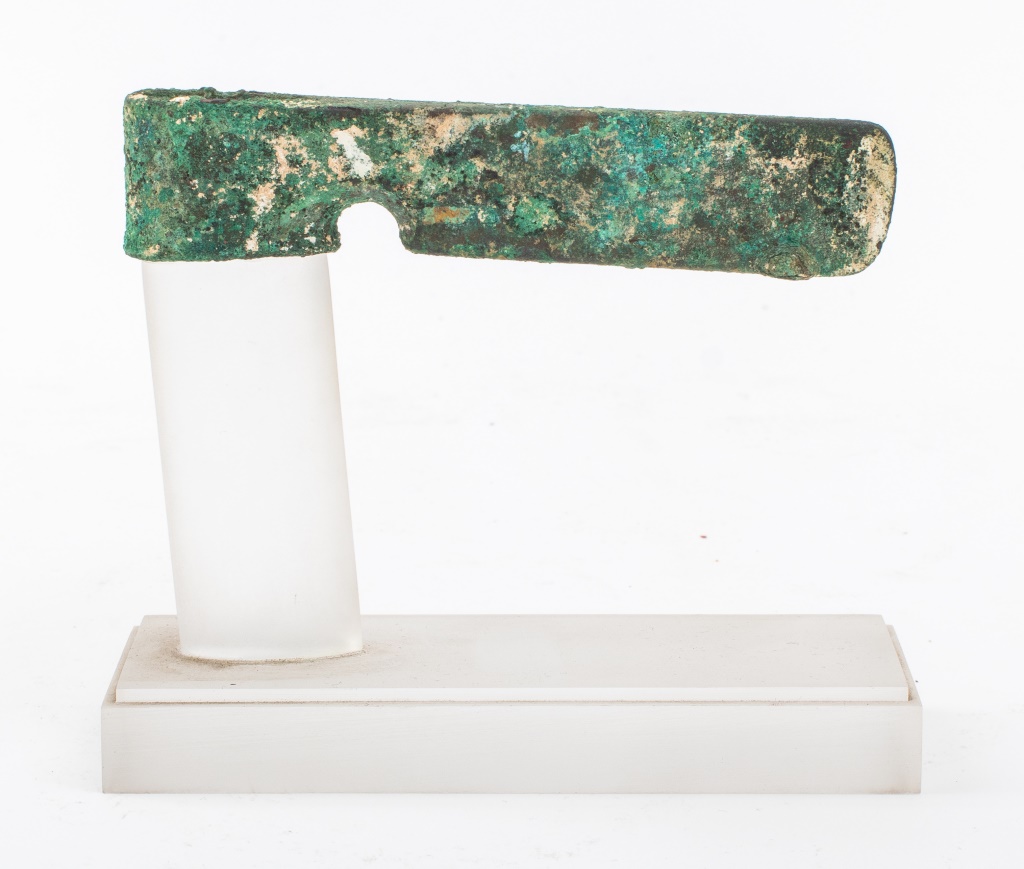 Appraisal: ARCHAIC BRONZE AXE HEAD Archaic verdigris bronze axe head mounted