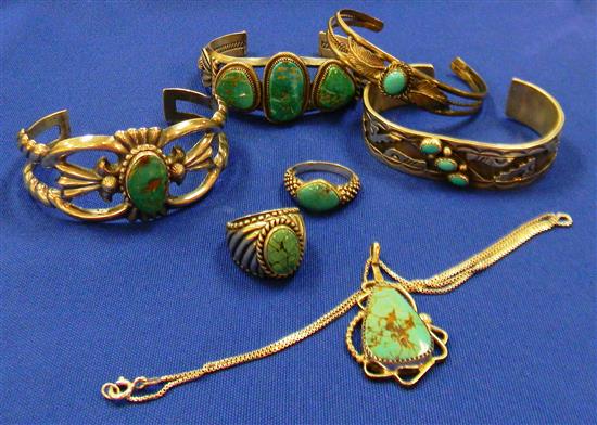 Appraisal: JEWELRY Southwestern and Asian silver and turquoise seven pieces mostly